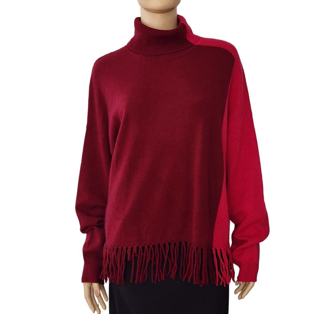 SOFIA Cashmere Turtleneck Sweater Red Fuchsia Fringe Colorblock Size XL 239‎